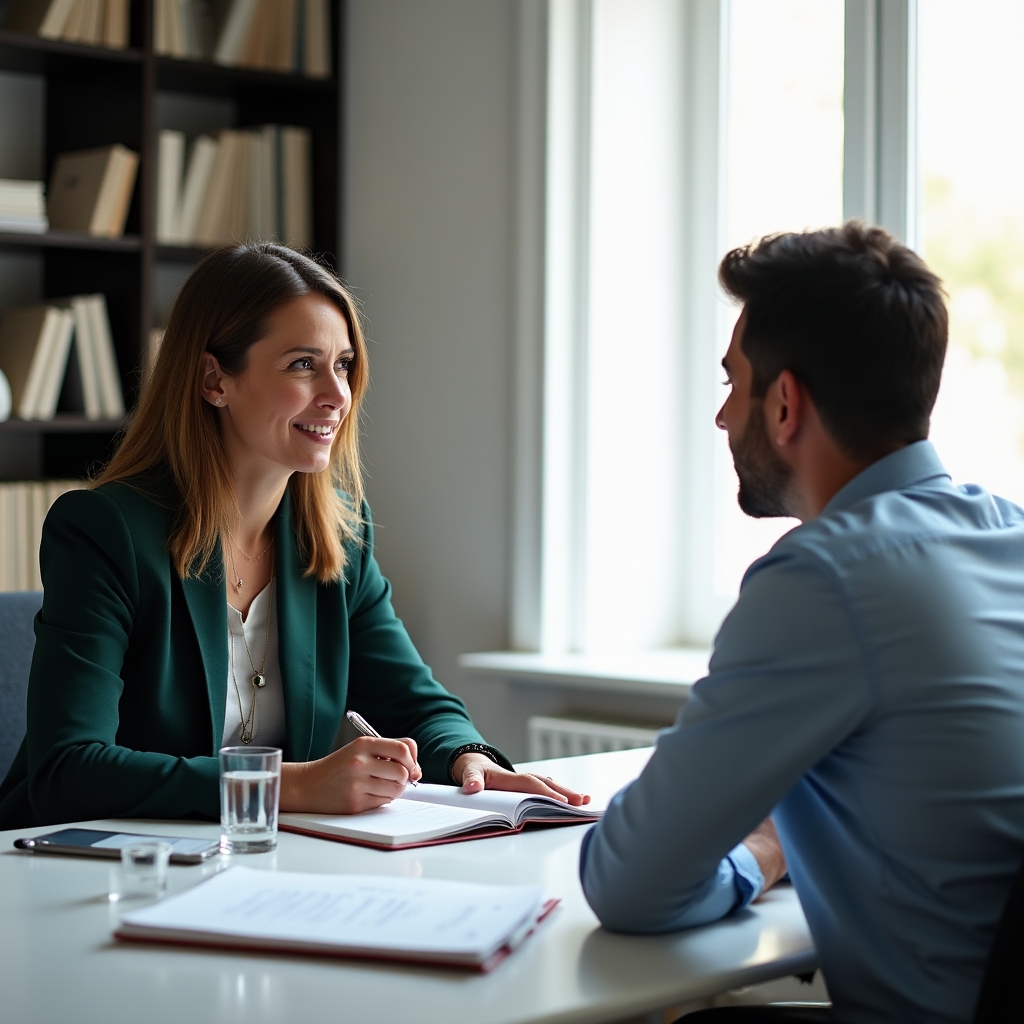 Coach and participant in a one-on-one session at a clean desk with notebooks and planning materials