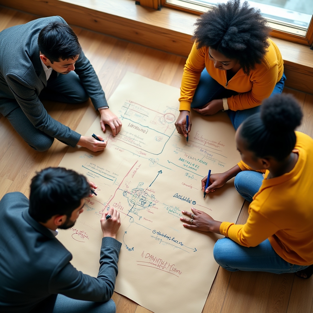 Workshop participants collaboratively working on personal goal mapping exercises on large sheets of paper