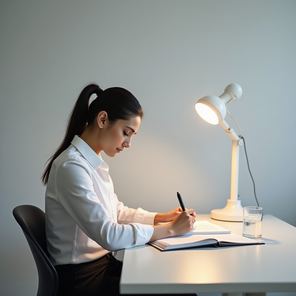 Person in a focused work session with minimal desk setup and open workbook