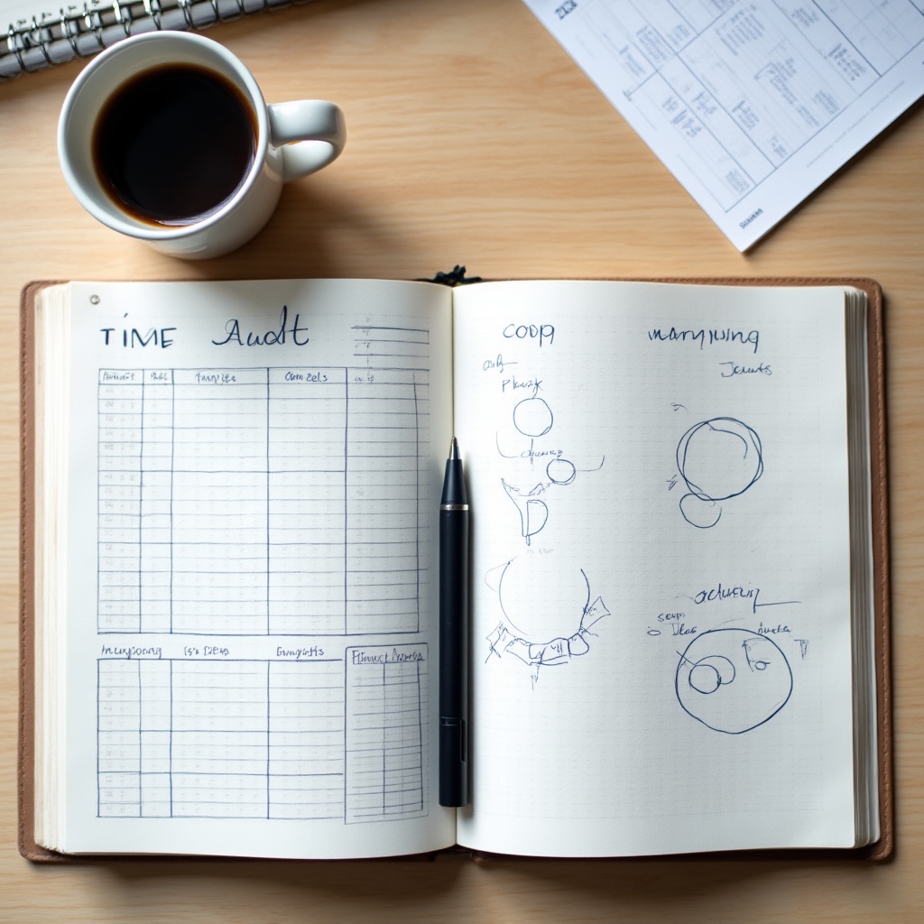 Open personal development workbook with handwritten exercises and planning notes on a minimalist desk